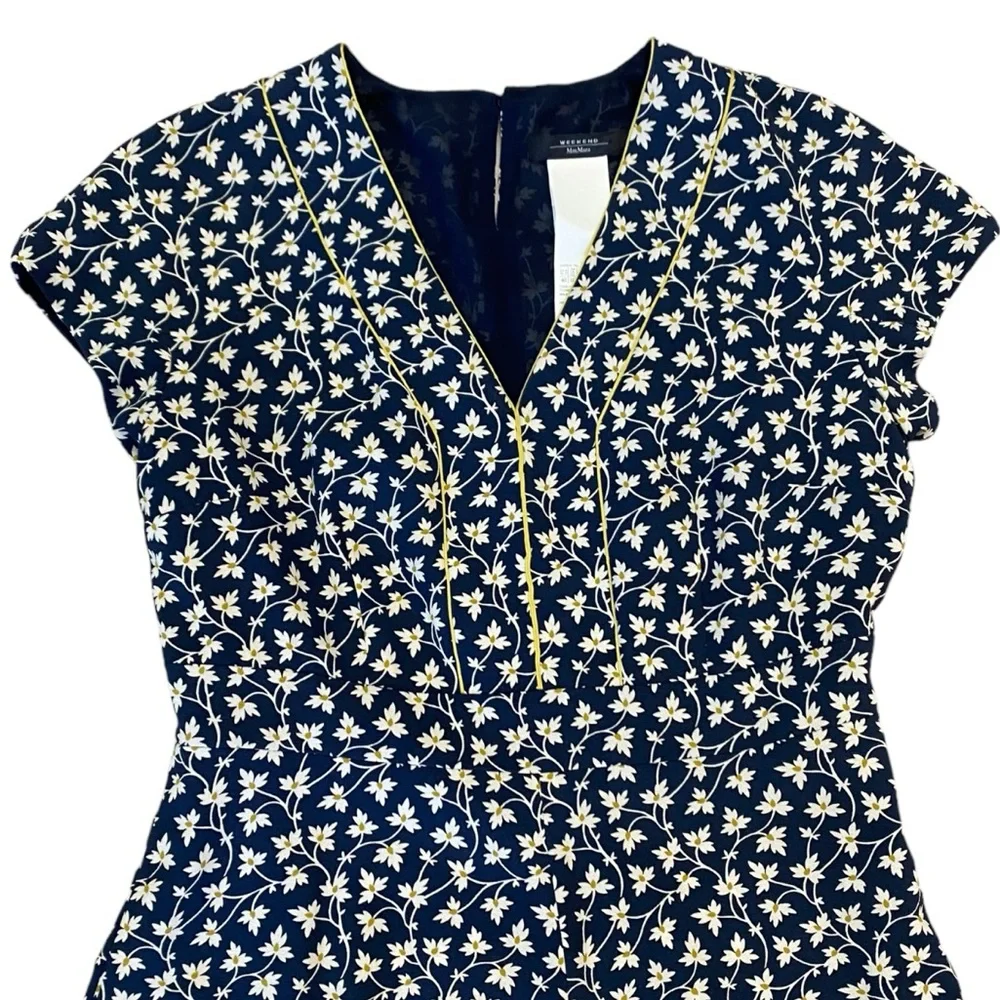 Weekend Max Mara Dress Short Sleeve Navy Blue w/ White green Floral Mini Size 10 - Picture 3 of 10